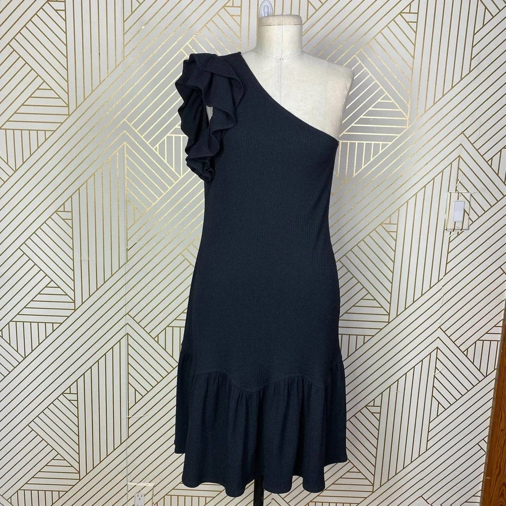 Rebecca Taylor Ruffled One Shoulder Ribbed Knit Dress‎ In Black Size US Large